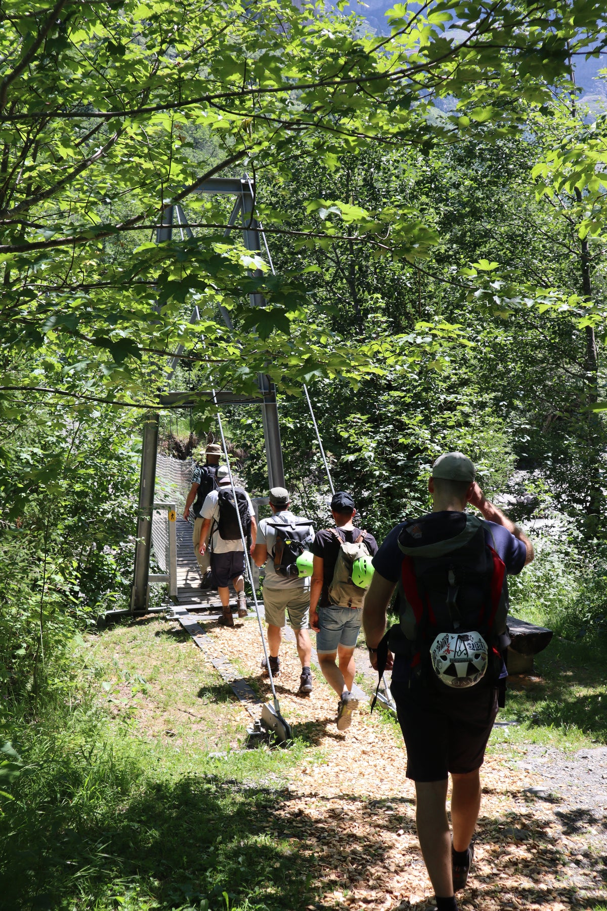 A group of hikers walking along a forest path under dense green trees, with one person in the foreground wearing a black backpack and a green cap, heading toward a cable car station.