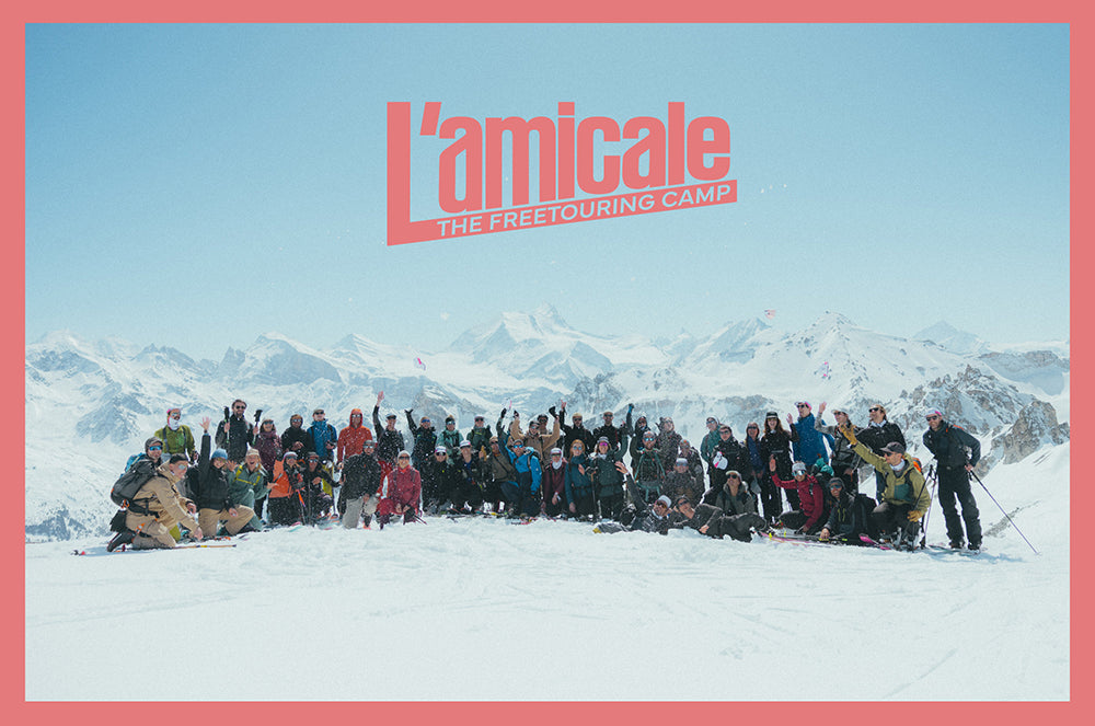 Promotional image for “The Amicale 2025” by Glacier Optics and Pomoca, thanking participants, and summarizing the event — a three-day mountain gathering in Saint-Luc, Switzerland (April 4–6, 2025) with skiing, mountaineering, hiking, films, après-ski, and spa access, limited to 30 participants of all skill levels.